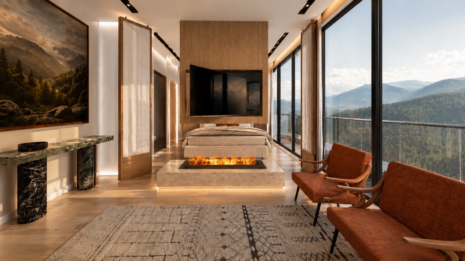 Bedroom with linear fireplace and valley view