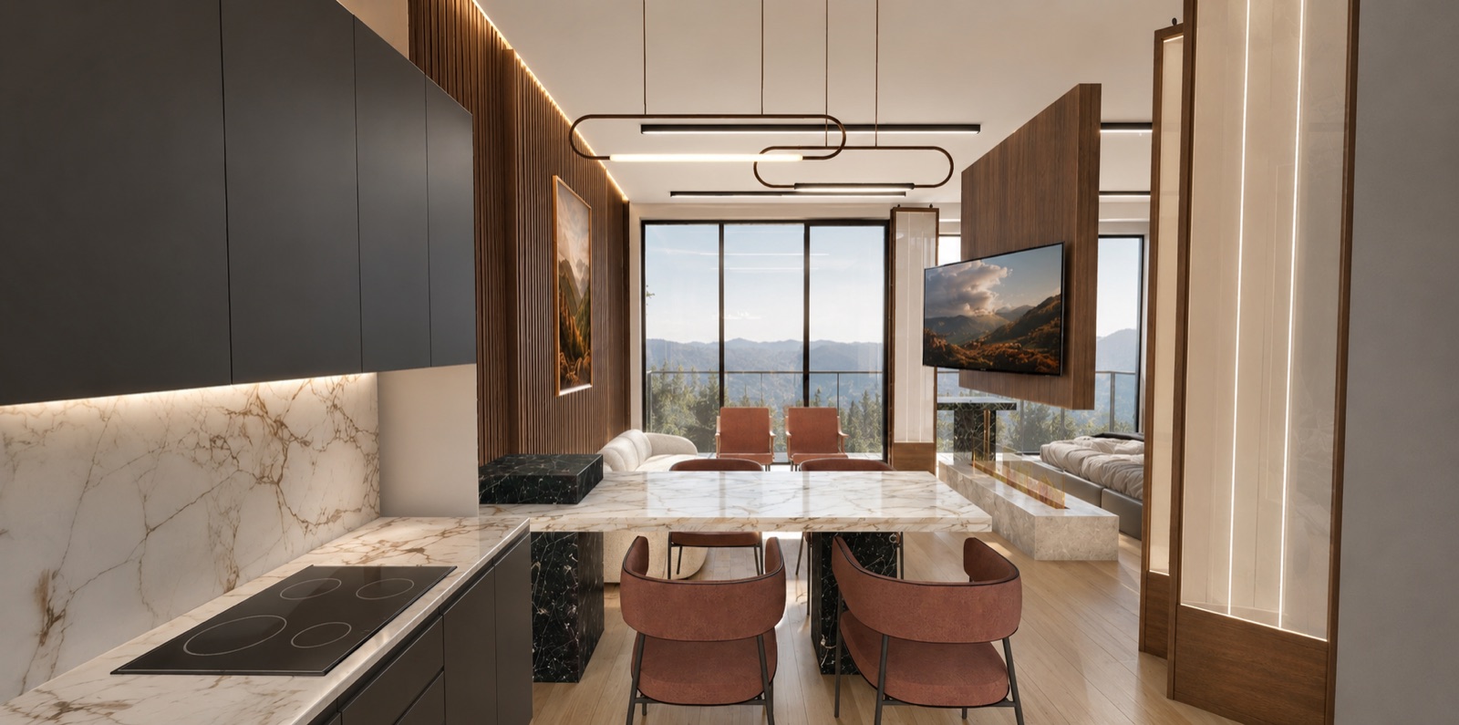 Kitchen island in a one-bedroom residence