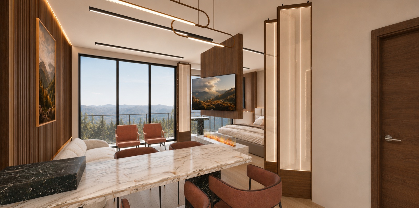Open-plan one-bedroom living space