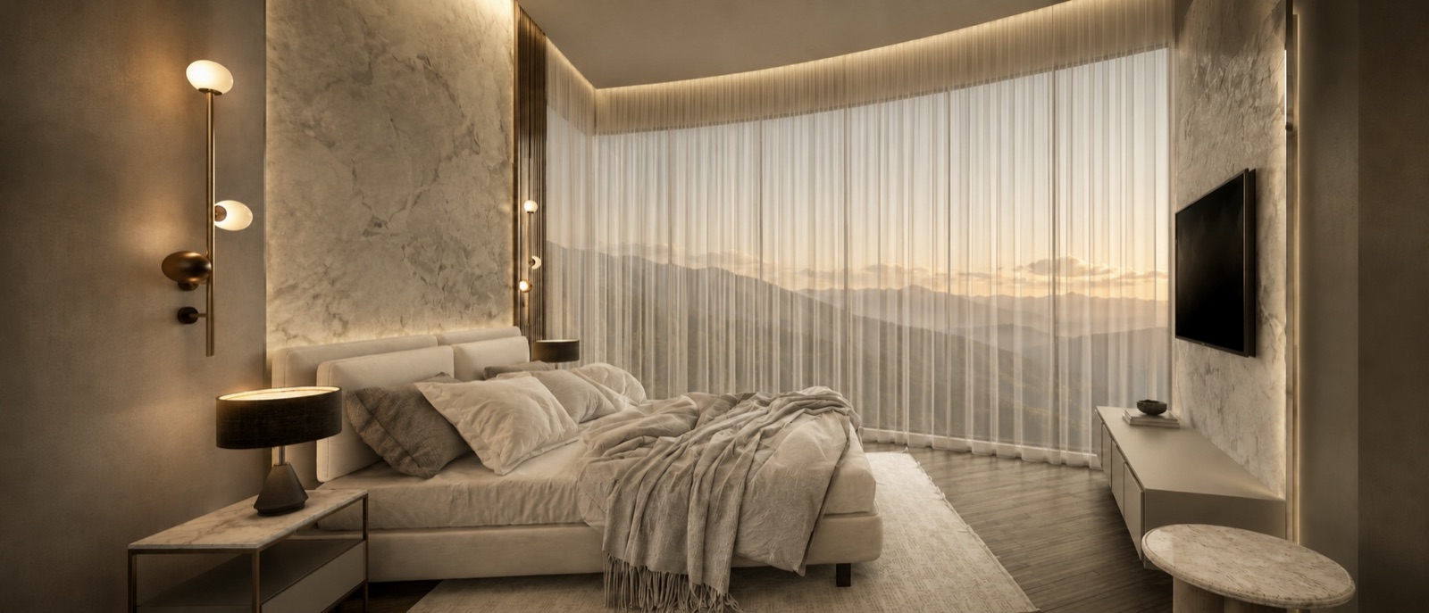 Sky Penthouse panoramic bedroom with curved glazing