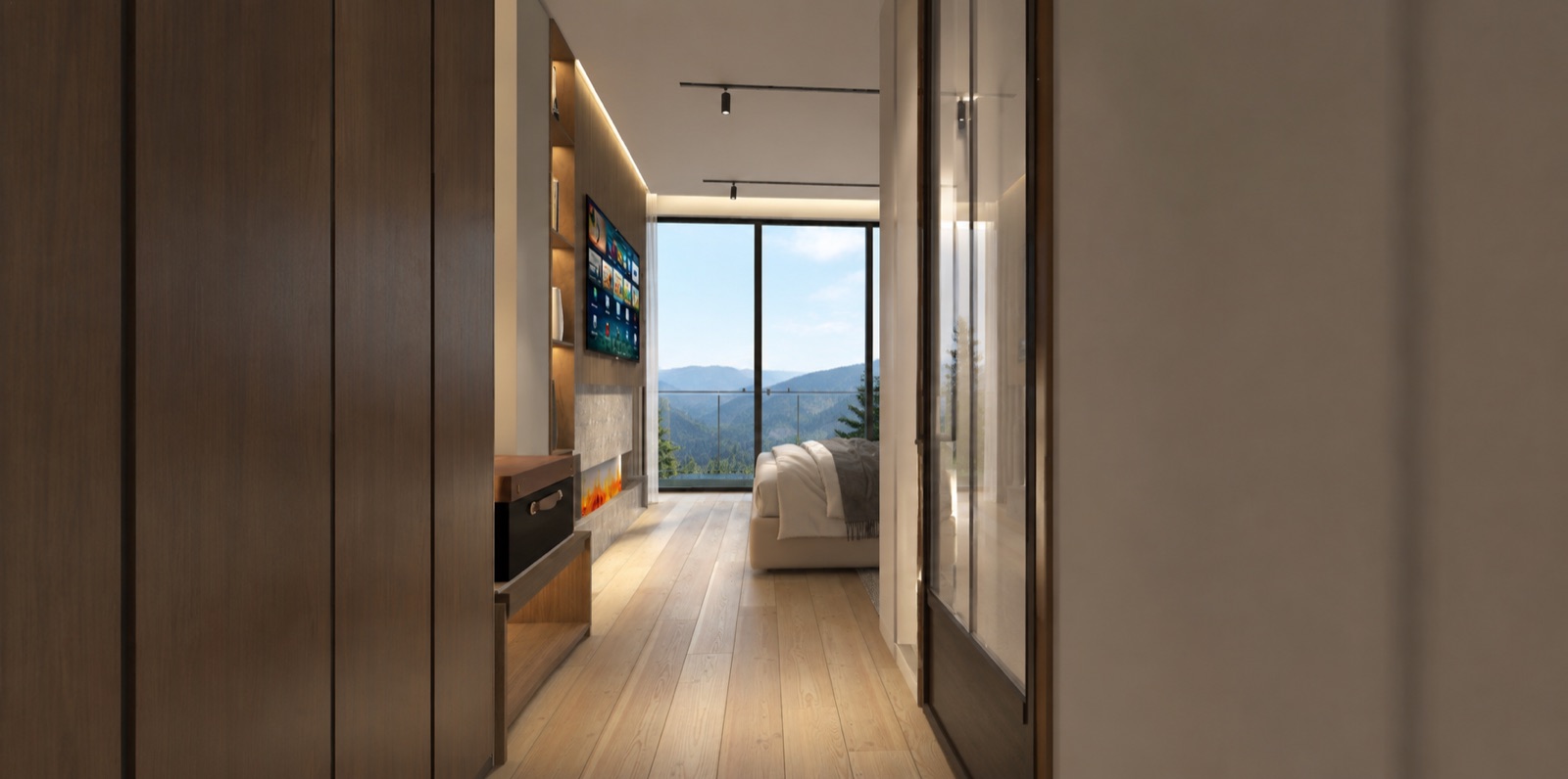 One-bedroom suite living room with valley glazing