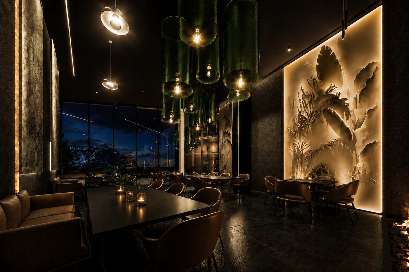 Signature restaurant interior at night