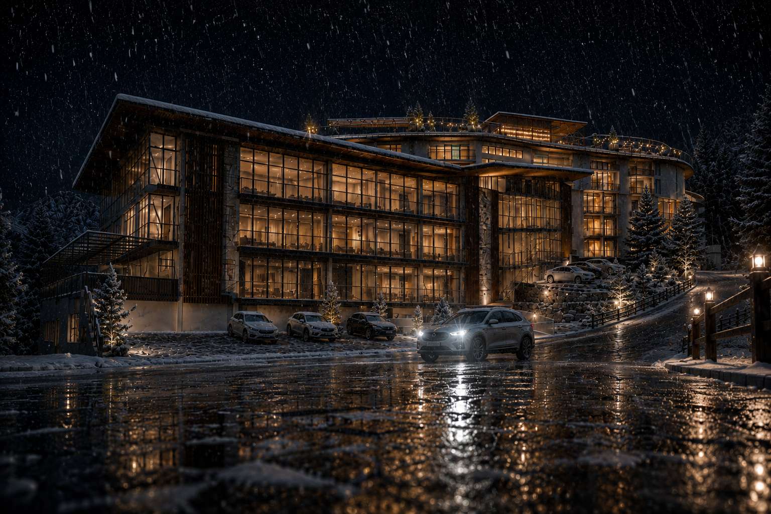 The Reserve in snowfall at night