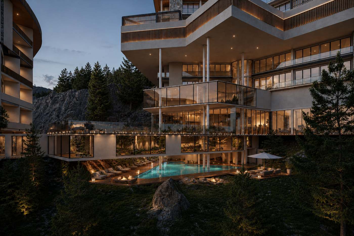 Cascading terraces and pool