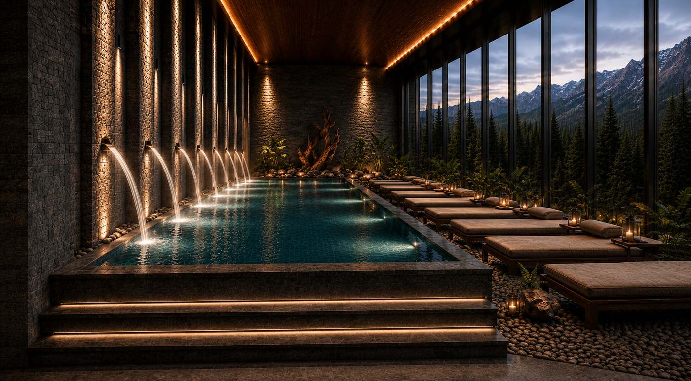 Hydrotherapy hall against the night peaks