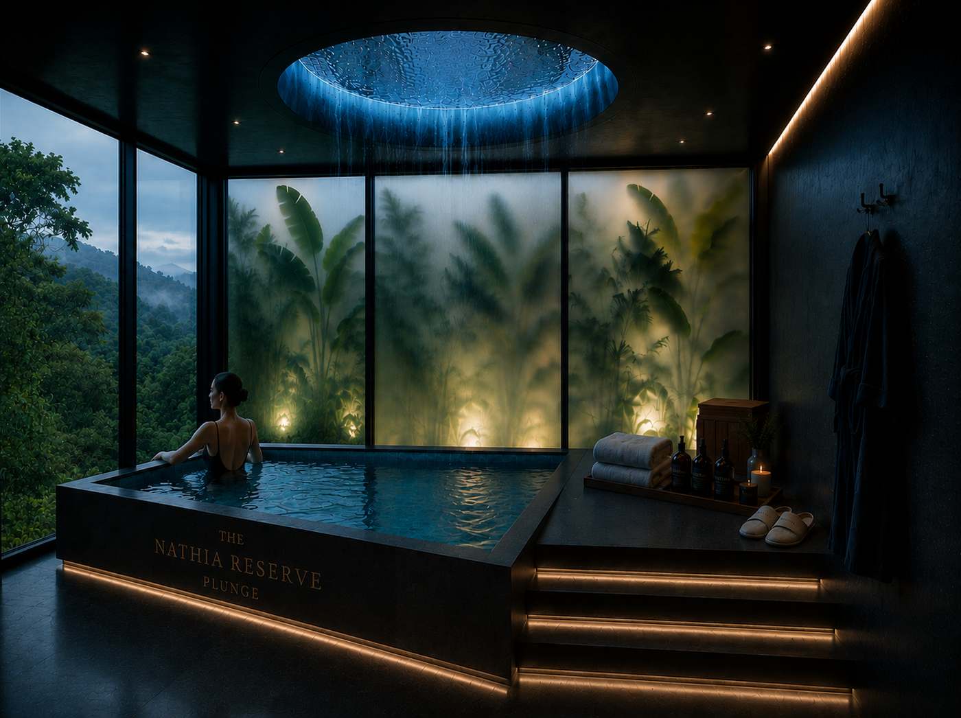 Plunge pool beneath the waterfall skylight
