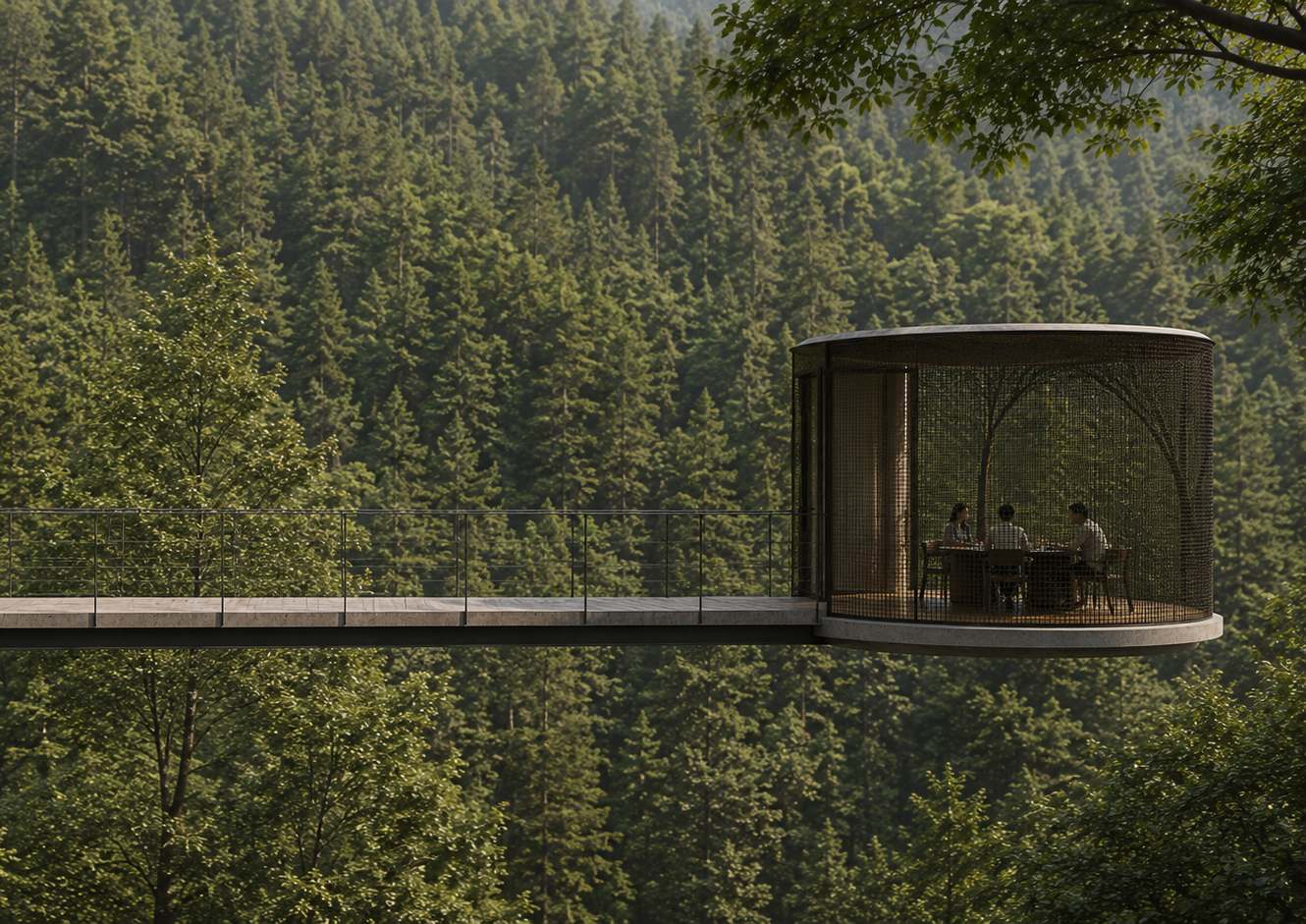 Suspended walkway to the forest pod