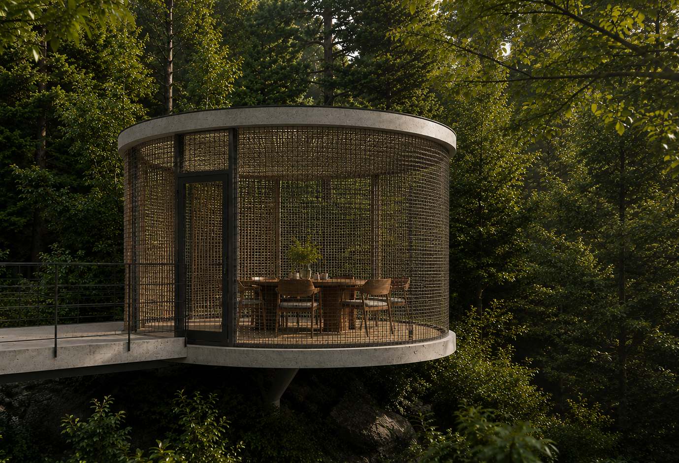 Woven dining pod suspended over the forest canopy