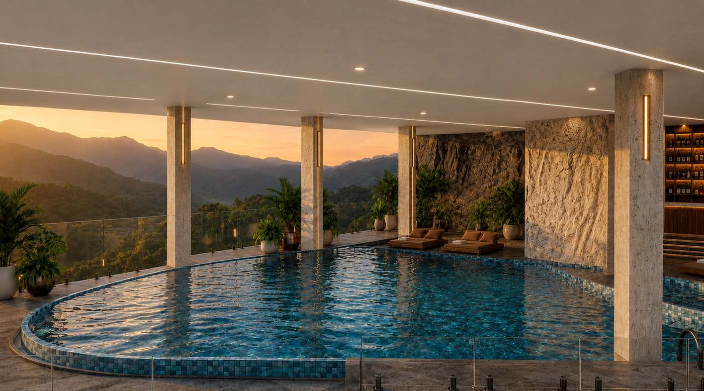 The heated infinity pool at sunset, overlooking the valley