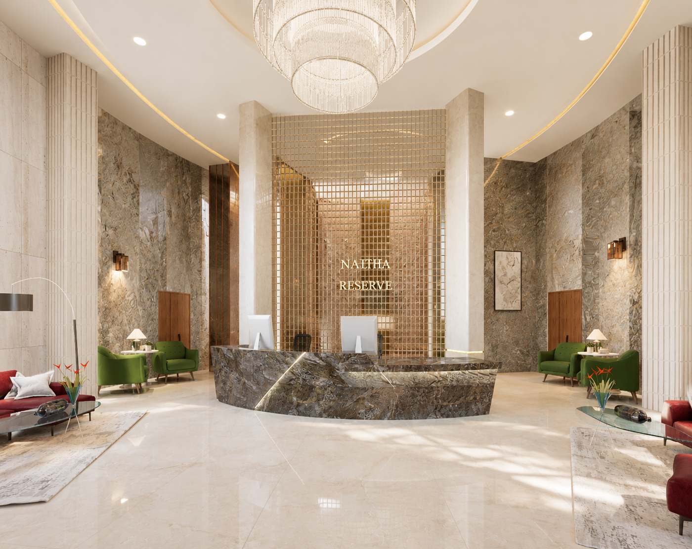 Marble arrival lobby with chandelier