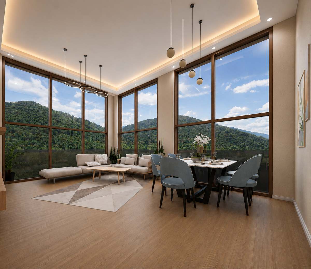 Two-bedroom living and dining room with full-height windows