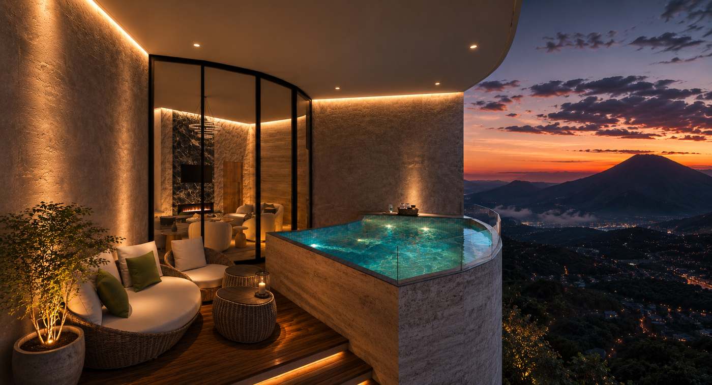 Sky Penthouse private plunge pool terrace overlooking the valley at dusk