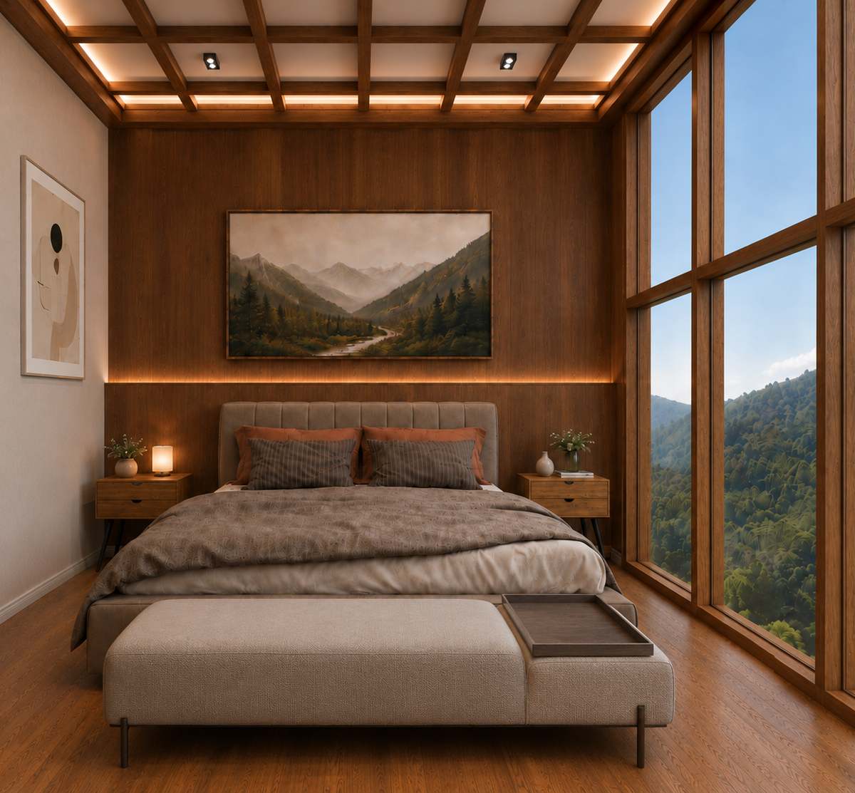 Studio interior with coffered timber ceiling and valley view