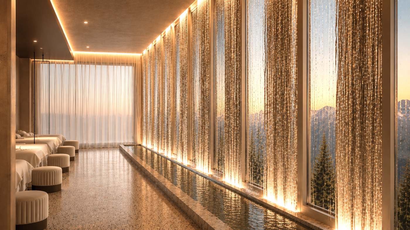 Spa relaxation hall behind a curtain of falling water at sunset