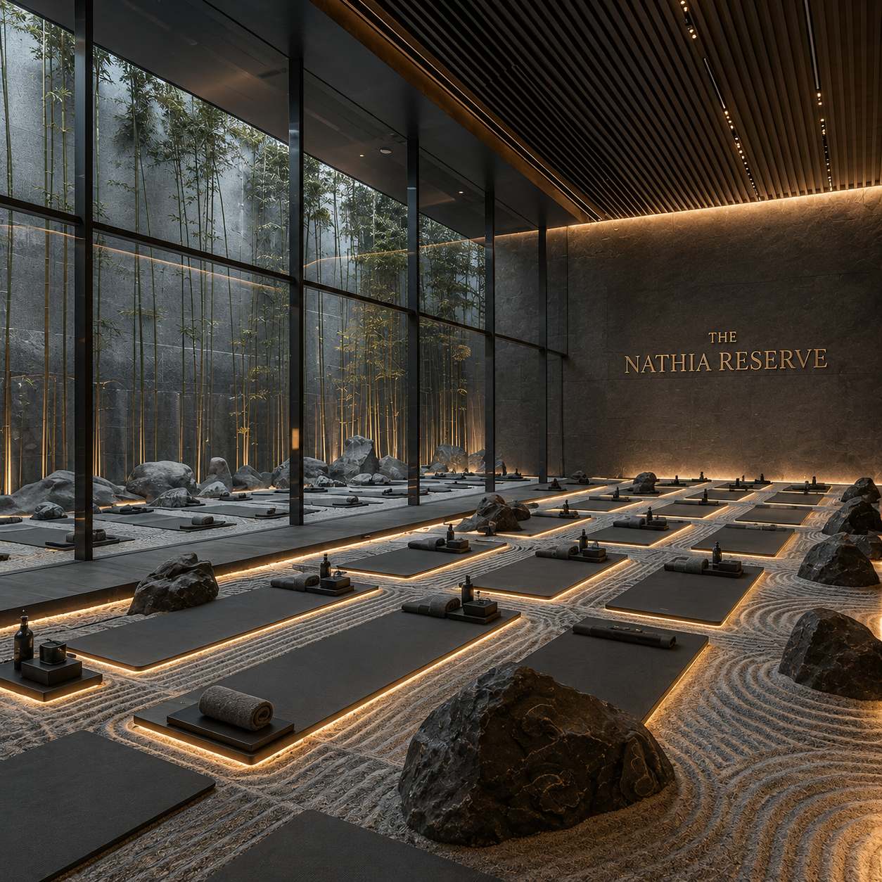 Zen yoga studio with raked sand and glass forest wall