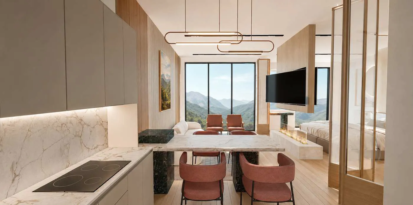 Open plan one bedroom living space