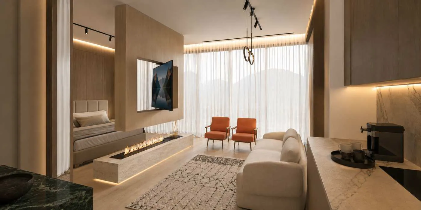 Suite living room with valley glazing