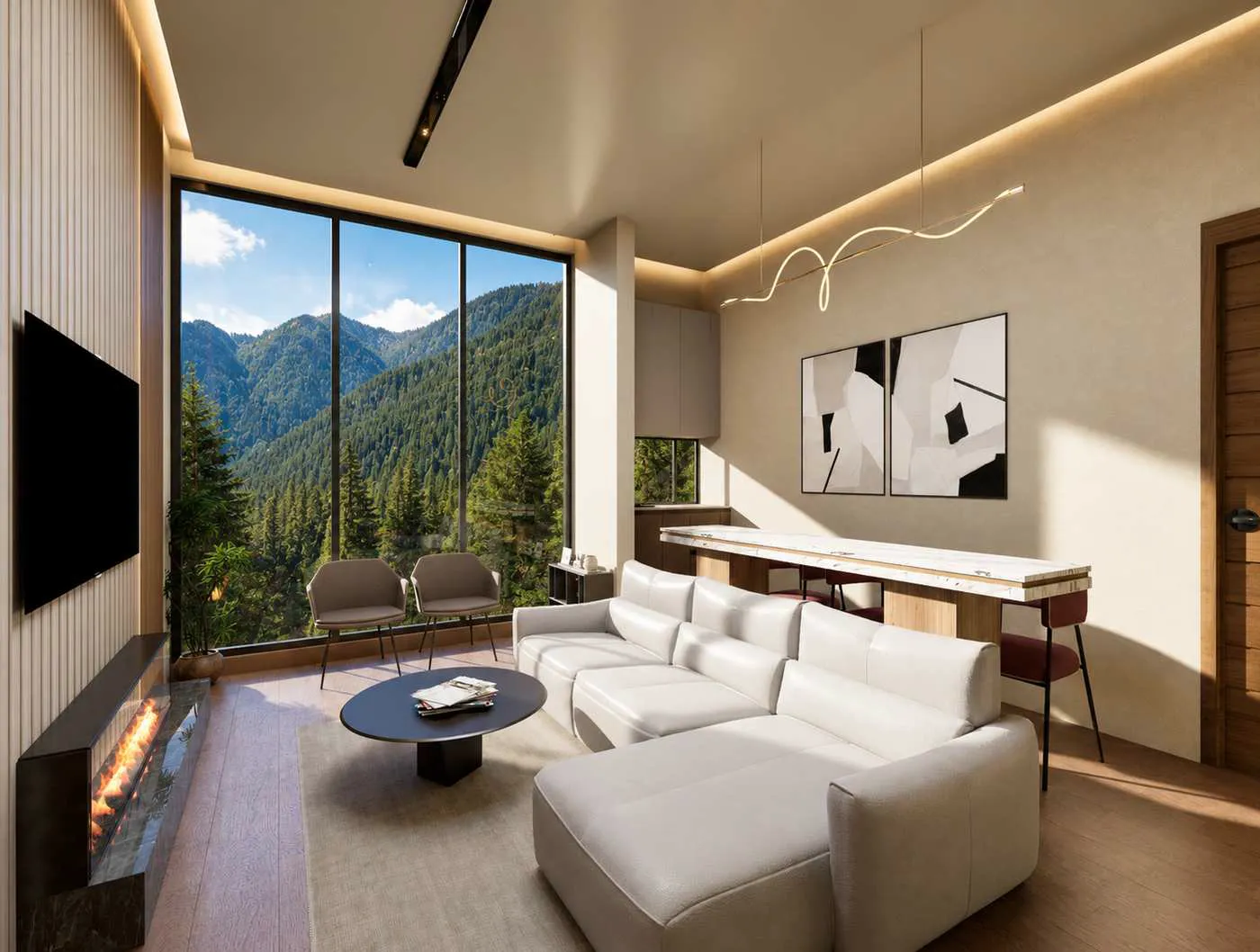 Two bedroom living and dining room with full height windows
