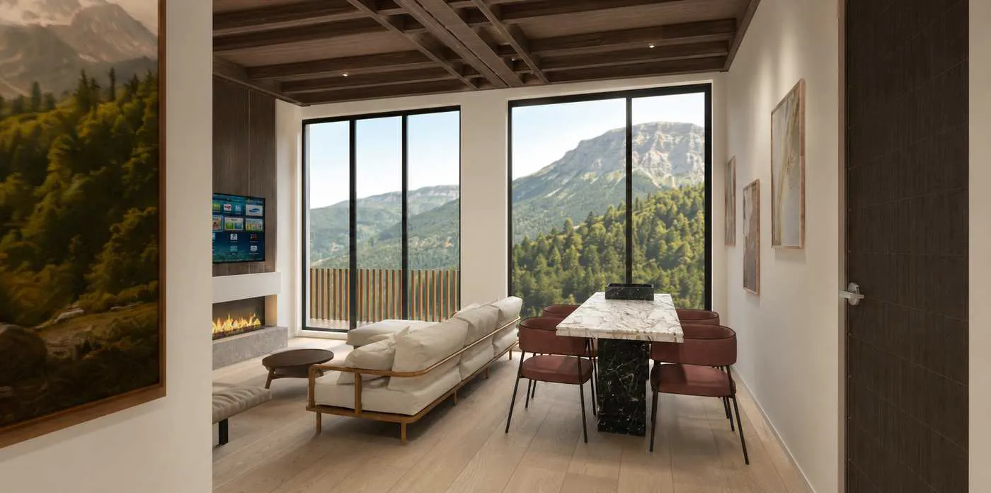 Three bedroom living and dining room with valley windows
