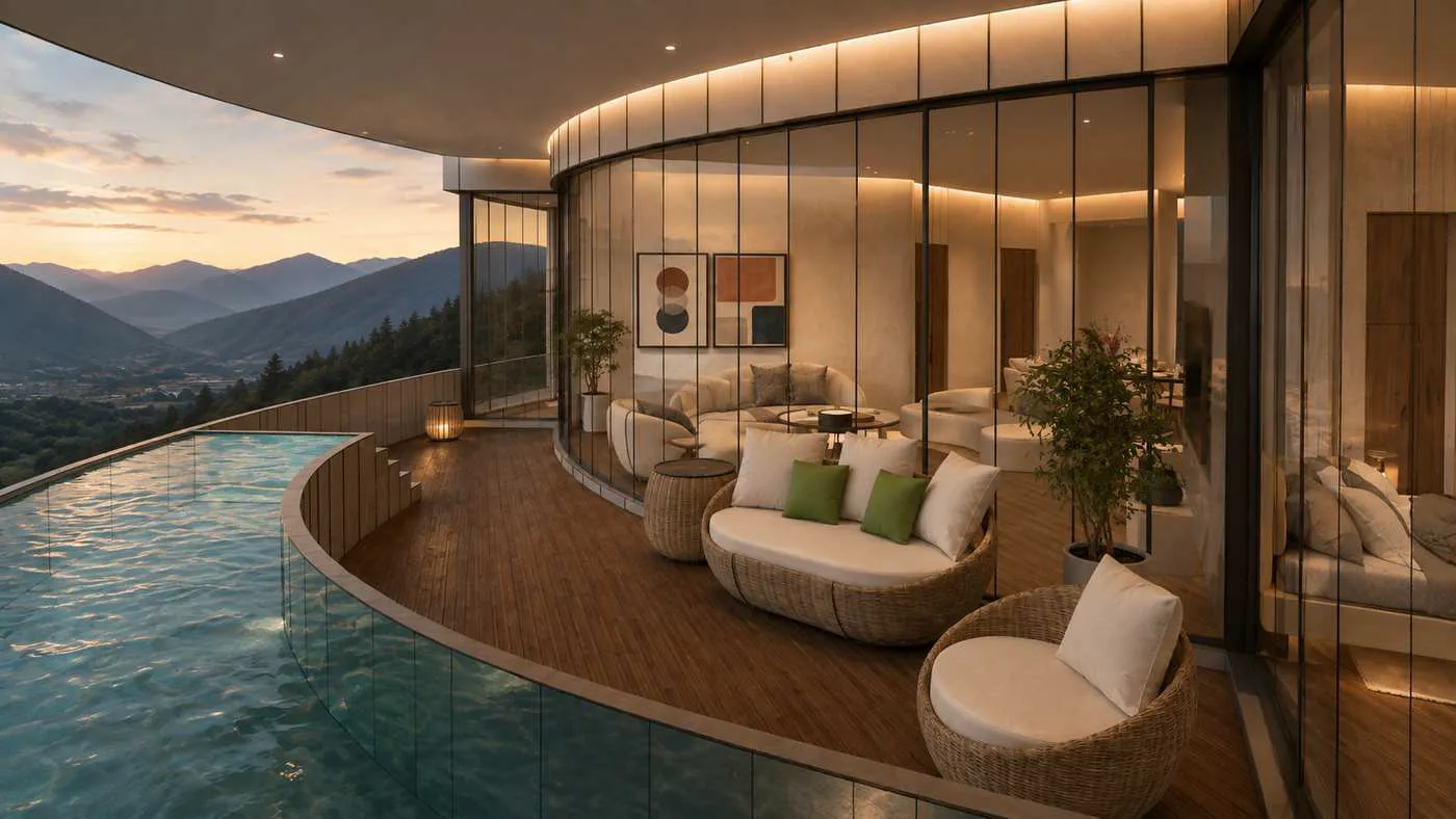 Sky Penthouse private plunge pool terrace overlooking the valley at dusk
