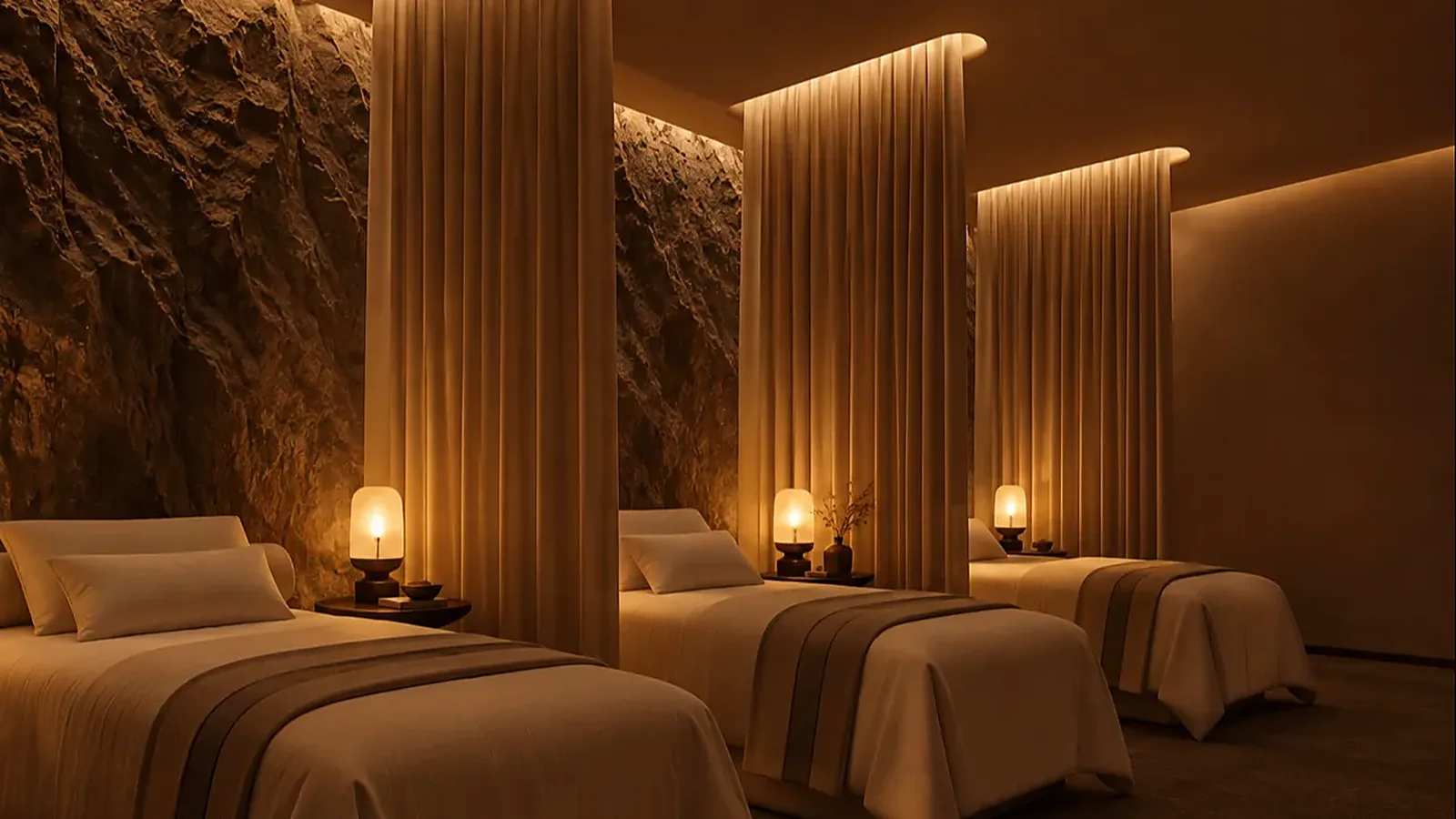 Candlelit spa treatment hall with linen curtains and a carved rock wall