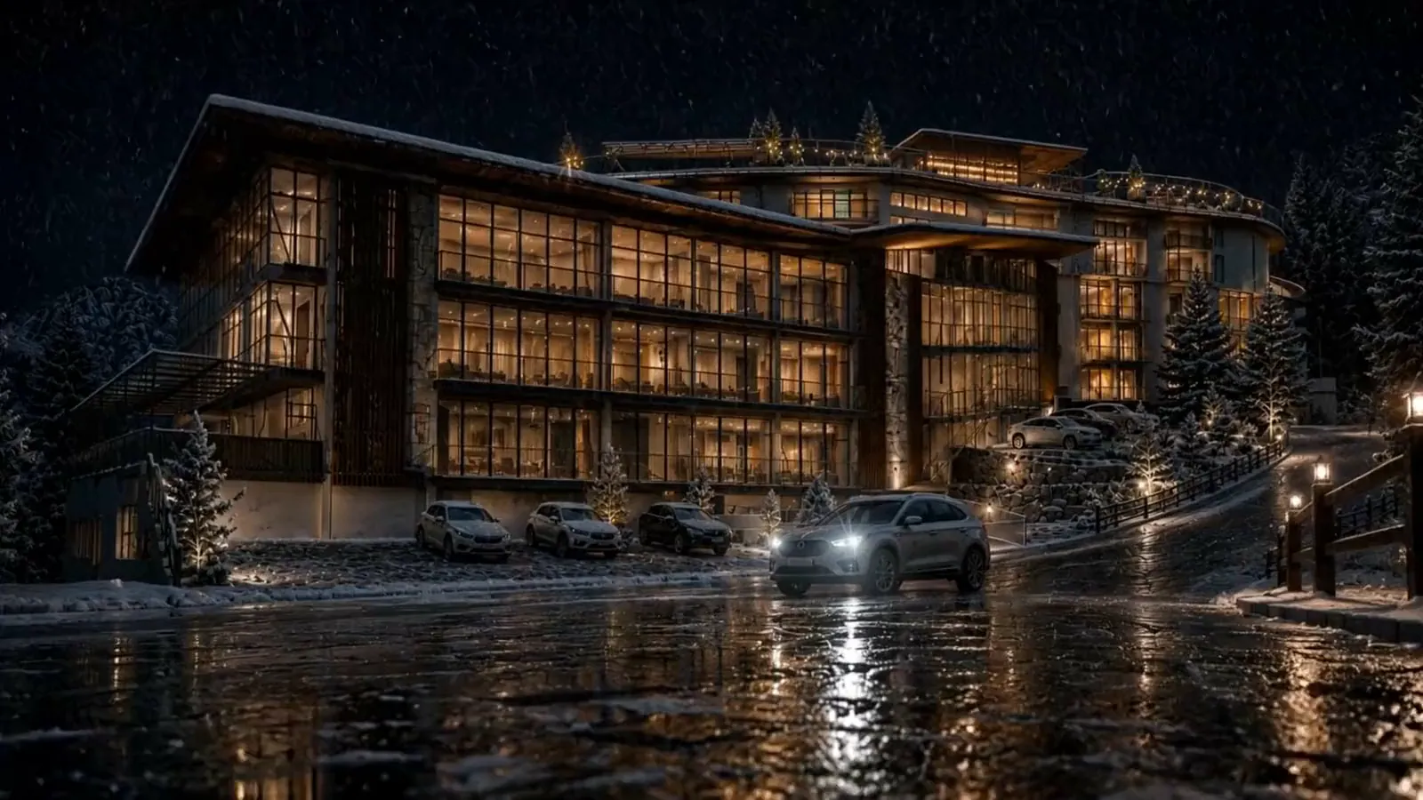 Snow falling over the lit Reserve at night